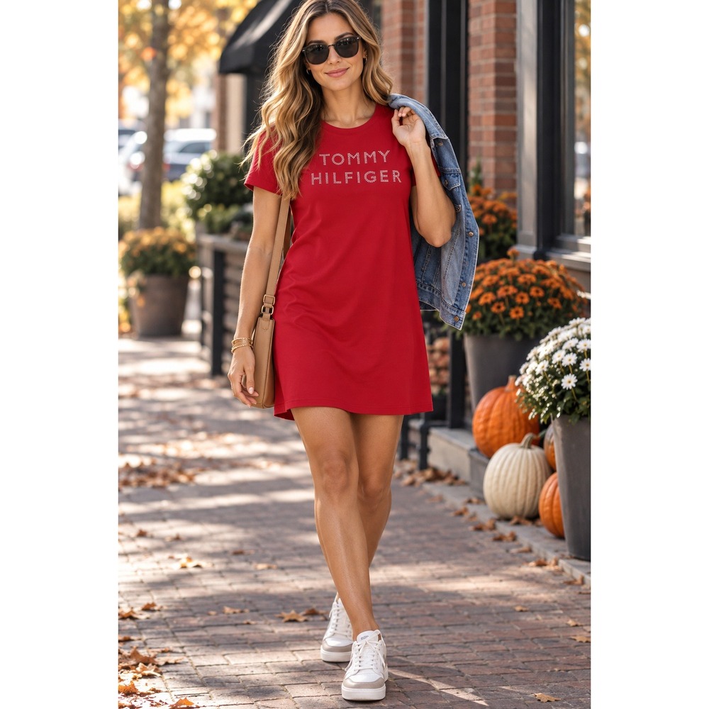 Tommy Hilfiger Womens Red Studded Logo T-Shirt Mini Dress A1GA1KQ7 NWT Small